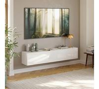 [en.casa] Meuble TV Mural Evaton 160 x 32 x 30 cm avec 2 Portes Abattantes Support Télé Flottant Étagère Moderne avec 2 Compartiments de Rangement Salon Chambre Bureau Blanc Brillant