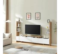 [en.casa] Meuble TV Support Télé avec Étagères Latérales 2 Portes et Compartiments de Rangement Ouverts Scandinave Salon Chambre Stable Élégant Moderne MDF 233 x 31 x 141 cm Blanc Effet Chêne