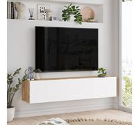 [en.casa] Meuble TV Support Télé Suspendue au Mur avec Compartiments de Rangement Banc Télévision Flottante pour Salon Chambre Panneau de Particules 30 x 140 x 32 cm Effet Chêne Rustique Blanc