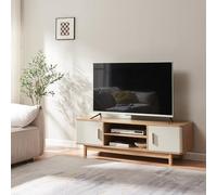 [en.casa] Meuble TV sur Pieds Banc Télévision Armoire Télé avec Compartiments de Rangement Ouverts et Fermés Passage des Câbles pour Salon MDF Bois de Pin 140 x 40 x 45 cm Effet Chêne Couleur Sable