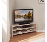 [en.casa] Meuble TV sur Pieds en Forme Biseautée Banc Télévision Armoire Télé avec 2 Compartiments de Rangement Passage des Câbles pour Salon Chambre Panneau de Particules 110 x 36 x 42 cm Beige