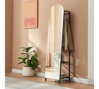 [en.casa] Miroir sur Pied 2 in 1 Portemanteau avec 2 Étagères et 1 Tringle Supérieure Rangement Pratique Moderne Peu Encombrant Chambre À Coucher Métal Aggloméré Verre 165 x 40 x 35 cm Noir