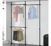 [en.casa] Penderie Télescopique Garde-Robe Mobile Porte-Manteau Ajustable avec 3 Barres de Penderie Système de Porte-Vêtements Réglable en Hauteur et Largeur Acier Laqué Plastique 150-230 cm Noir