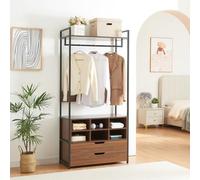 [en.casa] Portant à Vêtements avec 6 Compartiments de Rangement et 2 Tiroirs Portemanteau avec Barre de Penderie Dressing Ouvert Syle Industriel Métal MDF 180 x 84 x 40 cm Noir Effet Noyer
