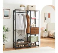 [en.casa] Portant à Vêtements Design Industriel Portemanteau avec Barre de Penderie 2 Tiroirs 2 Compartiments de Rangement pour Entrée Dressing Métal MDF 180 x 120 x 40 cm Noir Effet Noyer