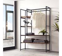 [en.casa] Portant à Vêtements Portemanteau au Style Industriel Garde-Robe Ouverte Penderie avec Étagères pour Entrée Chambre Dressing Métal MDF 180 x 120 x 40 cm Noir Effet Noyer