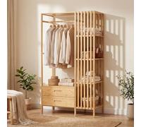 [en.casa] Portemanteau avec Barre de Penderie 2 Tiroirs 4 Compartiments de Rangement Portant à Vêtements pour Entrée Dressing Chambre Bambou 185 x 100 x 45 cm Naturel
