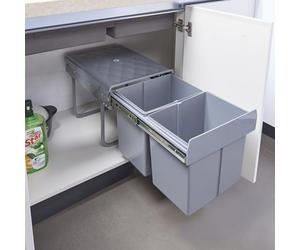 [en.casa] Poubelle Encastrable sur Rails Coulissants Tri Sélectif Sous Évier avec Poignée Collecteur de Déchets 2 Bacs Séparés de 15 Litres Peu Encombrant Cuisine Plastique Acier 48 x 34 x 35 cm Gris
