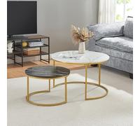 [en.casa] Set de 2 Tables Basses Rondes Gigognes de Tailles Différentes Table d'Appoint Bout de Canapé Design Intemporel Peu Encombrant Panneaux de Particules Acier Laqué Effet Marbre Blanc Noir Doré