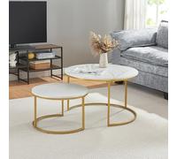 [en.casa] Set de 2 Tables Basses Rondes Gigognes de Tailles Différentes Table d'Appoint Bout de Canapé Design Intemporel Peu Encombrant Panneaux de Particules Acier Laqué Effet Marbre Blanc Doré