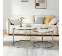 [en.casa] Set de 2 Tables Basses Rondes Gigognes Table d'Appoint Bout de Canapé Robuste Polyvalente Design Moderne Salon Séjour Chambre Panneau de Particules Métal Effet Marbre Blanc Argent