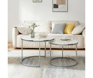 [en.casa] Set de 2 Tables Basses Rondes Gigognes Table d'Appoint Bout de Canapé Robuste Polyvalente Design Moderne Salon Séjour Chambre Panneau de Particules Métal Effet Marbre Blanc Argent