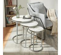 [en.casa] Set de 3 Tables d'Appoint Lot de Bouts de Canapé Polyvalentes Rondes Gigognes Panneau de Particules Métal Marbre Blanc Argent