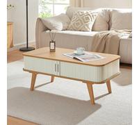 [en.casa] Table Basse Design Scandinave avec 2 Portes Coulissantes et Compartiment de Rangement Table d'Appoint Bout de Canapé Bambou MDF 100 x 50 x 40 cm Naturel Blanc Crème