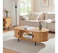 [en.casa] Table Basse Design Scandinave Table d'Appoint Bout de Canapé avec Portes Couilissantes Compartiments de Rangement MDF Bambou Métal 120 x 55 x 40 cm Naturel Noir