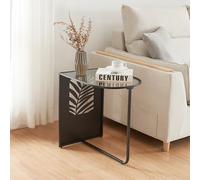 [en.casa] Table d'Appoint avec Plateau en Verre Bout de Canapé avec Motif Feuille Petite Table Basse Élégante pour Salon Chambre Bureau Métal Verre de 4 mm 50 x 50 x 35 cm Noir