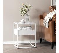 [en.casa] Table D'Appoint Rectangulaire Petite Table Basse Bout de Canapé Acier Laqué Verre Trempé 51 x 40 x 40 cm Blanc Mat
