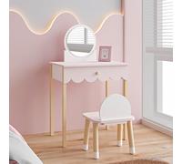[en.casa] Table de Maquillage pour Enfants avec Chaise Coiffeuse avec Grand Miroir et Tiroir pour Accessoires Hauteur Adaptée Stable Polyvalent MDF Bois de Pin 93 x 56 x 36 cm Rose Barbe à Papa Blanc