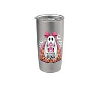 En octobre, nous portons un fantôme rose tenant un ruban contre le cancer du sein Gobelet isotherme en acier inoxydable double paroi