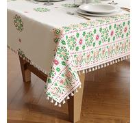 Encasa XO Nappe Rectangulaire Imprimée, à Pompons 140x180 cm | Bohème vert vif, 4 to 6 Seater | Tissu Polyester | Lavable en Machine | Anti-Tache | Usage Intérieur & Extérieur