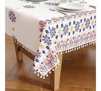 Encasa XO Nappe Rectangulaire Imprimée, à Pompons 140x240 cm | Bohème lumineux, 6 to 8 seater | Tissu Polyester | Lavable en Machine | Anti-Tache | Usage Intérieur & Extérieur
