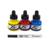 Encres Acrylique - 3 Flacons 29,5ml + 1 Marqueur - Jaune, Rouge Et Bleu - Daler Rowney