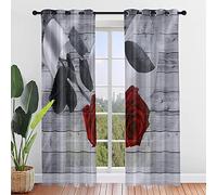 ENEN Lot de 2 Rideau Voile, Rideau Voilage Translucides Rideaux pour Salon, Coucher Voilage Fenetre avec 3D Rose, Moderne Panneaux de Rideaux Intérieurs (Rouge Noir,132x182cm)