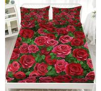 Enfant Drap Plat 2 Personnes Lit Drap Housse 160x200x30 cm Romance Plantes Roses Fleurs Respirant Hypoallergénique Microfibre Drap Housse avec 2 Taie d'oreillers Vert pour Décoration de Chambre