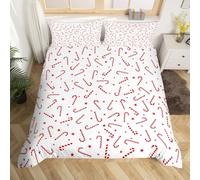 Enfants Noël Literie Set 200x200 avec 2 Taies D'Oreiller Mignon Noël Bonbons En Rotin Étoile Housse de Couette pour Garçons Filles Décor de Noël Réversible Housse de Couette Rouge Blanc Couvre Lit