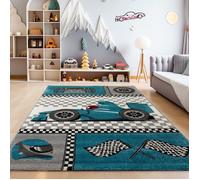 SIMPEX Tapis Enfant Voiture de Course Bleu 80x150 cm Tapis Couloir Doux hypoallergénique pour Chambre garçon avec Motif Racing ludique et éducatif