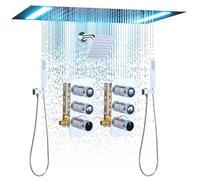ENGA Ensemble de robinet de douche à DEL de 35,6 x 50,8 cm avec pommeaux de douche de 15,2 cm, double icône lumineuse, peut utiliser toutes les fonctions à la fois, chromé