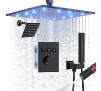 Enga Système de douche thermostatique à double tête, pommeau de douche LED de 30,5 cm avec pommeau de douche mural de 15,2 cm, robinet de douche inverseur à bouton poussoir avec poignée 2 en 1, noir