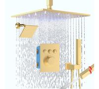 Enga Système de douche thermostatique à double tête, pommeau de douche LED de 30,5 cm avec pommeau de douche mural de 15,2 cm, robinet de douche inverseur à bouton poussoir avec poignée 2 en 1, or