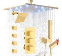 Enga Système de douche thermostatique à double tête, pommeau de douche LED de 30,5 cm avec pommeau de douche de 15,2 cm, ensemble de robinet de douche à jet complet, 4 jets de corps avec arrêt, 2 en 1