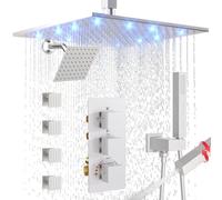 Enga Système de douche thermostatique à double tête, pommeau de douche LED de 30,5 cm avec pommeau de douche de 15,2 cm, ensemble de robinet de douche à jet complet, 4 jets de corps avec arrêt, 2 en 1