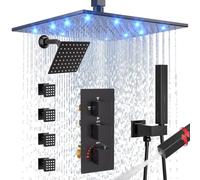 Enga Système de douche thermostatique à double tête, pommeau de douche LED de 30,5 cm avec pommeau de douche de 15,2 cm, ensemble de robinet de douche à jet complet, 4 jets de corps avec arrêt, 2 en 1