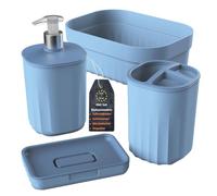 Engelland - Ensemble de salle de bain 4 pièces avec distributeur de savon, porte-savon, porte-brosse à dents et organiseur, design moderne, plastique robuste, sans BPA, aspect rainuré, bleu pastel