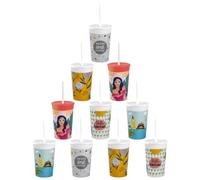Engelland Lot de 10 gobelets en plastique avec couvercle et paille, sans BPA, mélange coloré, gobelets de fête, en plastique, réutilisables, 0,33 l