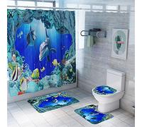 EnHome 4 Pcs Ensemble Rideau de Douche Salle de Bain Tapis Contour WC Tapis de Bain Antidérapant Couvre Couverture de Toilette Siège - Monde des Fonds Marins (Créatures Aquatiques)