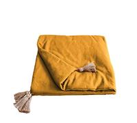 Enjoy Home - Edredon Décoratif - Jaune Moutarde avec 4 Pompons Jute - 90x190cm - 100% Coton - Certifié Oeko-TEX - Collection Panama