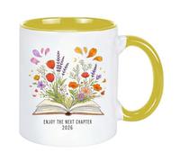 Enjoy The Next Chapter 2026 - Tasse à café en céramique pour femme, nouveau livre floral amusant de 325 ml, cadeau pour collègue, départ à la retraite, cadeau de remise de diplôme (jaune)