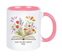 Enjoy The Next Chapter 2026 - Tasse à café en céramique pour femme, nouveau livre floral amusant de 325 ml, cadeau pour collègue, départ à la retraite, cadeau de remise de diplôme (rose)