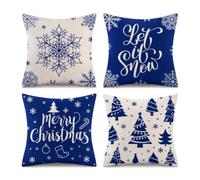 Enjoyaa Lot de 4 housses de coussin Merry Christmas - 45 x 45 cm - Flocons de neige « Let it Snow Merry Christmas » - Housses de coussin pour décoration d'intérieur, canapé, salon - Rouge et bleu