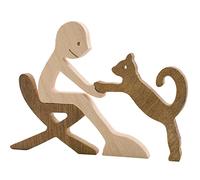 Enkrio Wooden Cat Figurines Hand Carved Wood Cat Human Sculpture Statue Handmade Accents Crafts Wooden Adorn Standing Tabletop Decoration Ornament for Home Decor