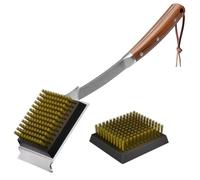 ENLOY brosse et grattoir pour barbecue, brosse de 43,2 cm pour barbecue extérieur, manche étendu en palissandre et 2 têtes de brosse remplaçables en fil de cuivre