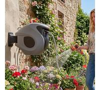 Enrouleur automatique de tuyau 30 m gris/rouge - Support mural orientable, pistolet pulvérisateur à 9 positions, blocage anti-retour réglable, résistant aux UV et au gel, kit complet