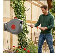 Enrouleur automatique de tuyau d'arrosage 30 m gris - Support mural orientable, pistolet pulvérisateur à 9 positions, tuyau télescopique, résistant aux UV et inoxydable, pour jusqu'à 1 413 m²