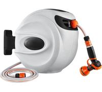 Enrouleur automatique pour tuyau d'arrosage – 25 m – Blanc – Boîtier mural – Enrouleur avec buse à 9 jets – Flexible