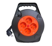 Enrouleur avec 4 prises et câble en cuivre de 3 g x 1,5 mm, idéal pour un usage domestique. Il intègre un thermostat de sécurité et supporte jusqu'à 3250 W. Pratique et sûr.