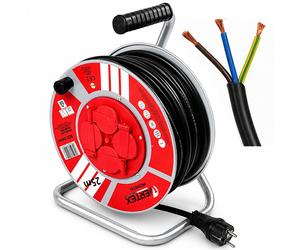 Enrouleur de câble avec mise à la terre, 25 mètres, SCHUKO, 4 prises avec protection, pour garage, jardin, chantier, fusible thermique, IP44, VERTEX